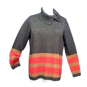 Pendleton Women's Merino Wool Gray Red Brown Striped Button Cowl Neck Sweater S